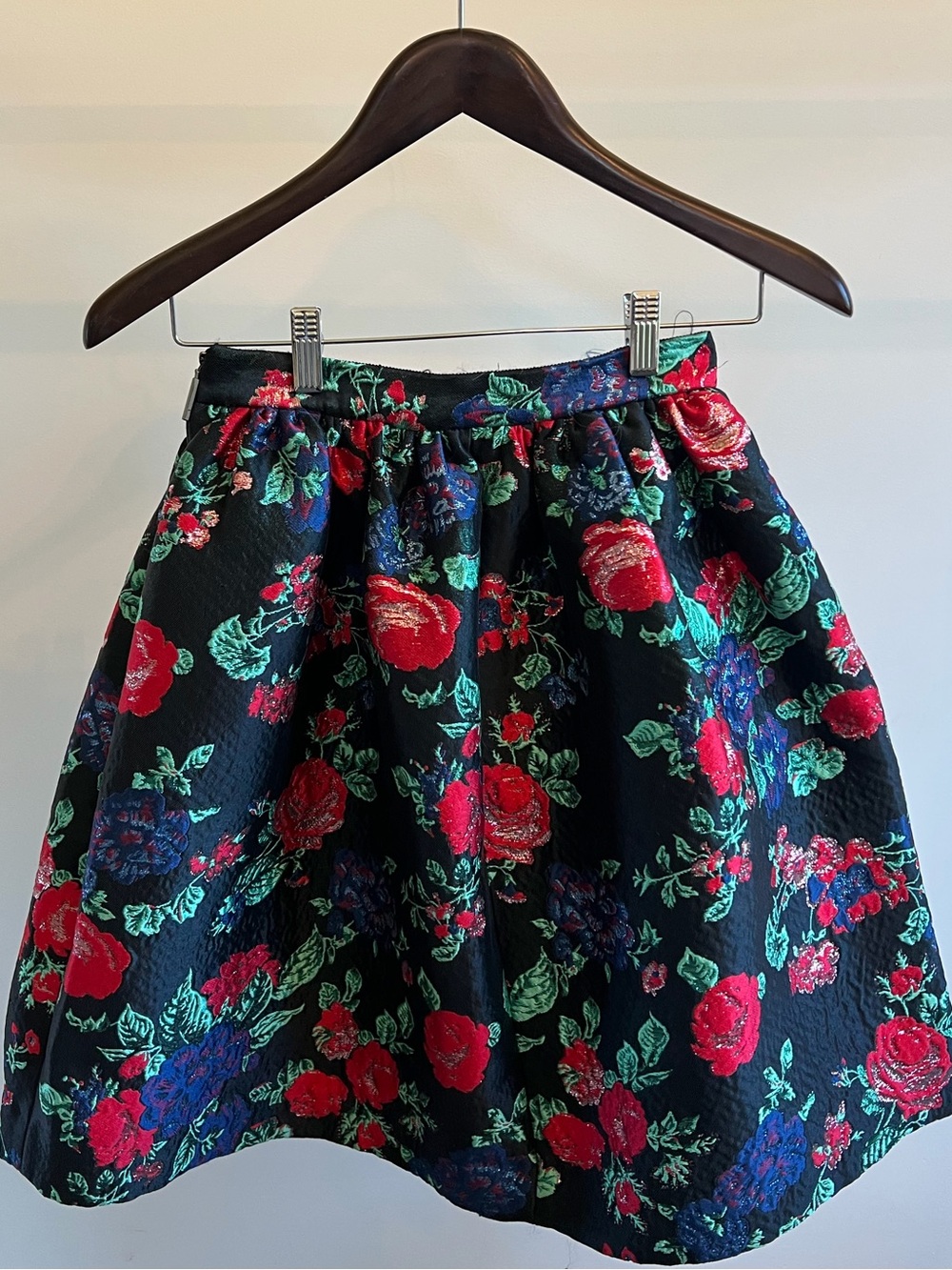 MSGM Black A-Line Skirt with Red and Green Floral Jacquard